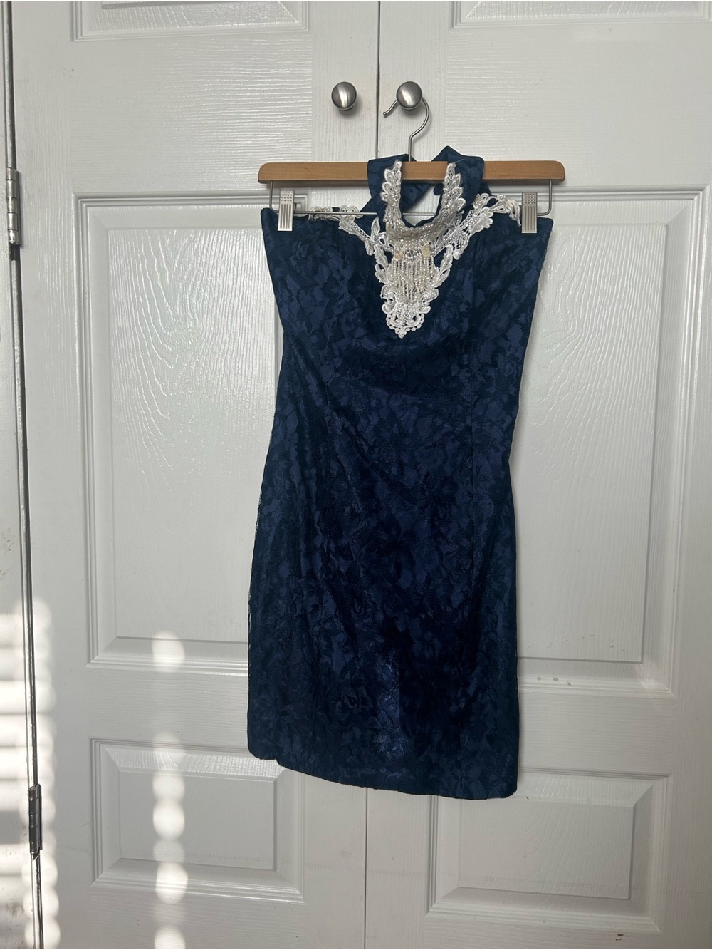 Roberta Vintage Navy Lace Halter Mini Dress with Ivory Appliqué